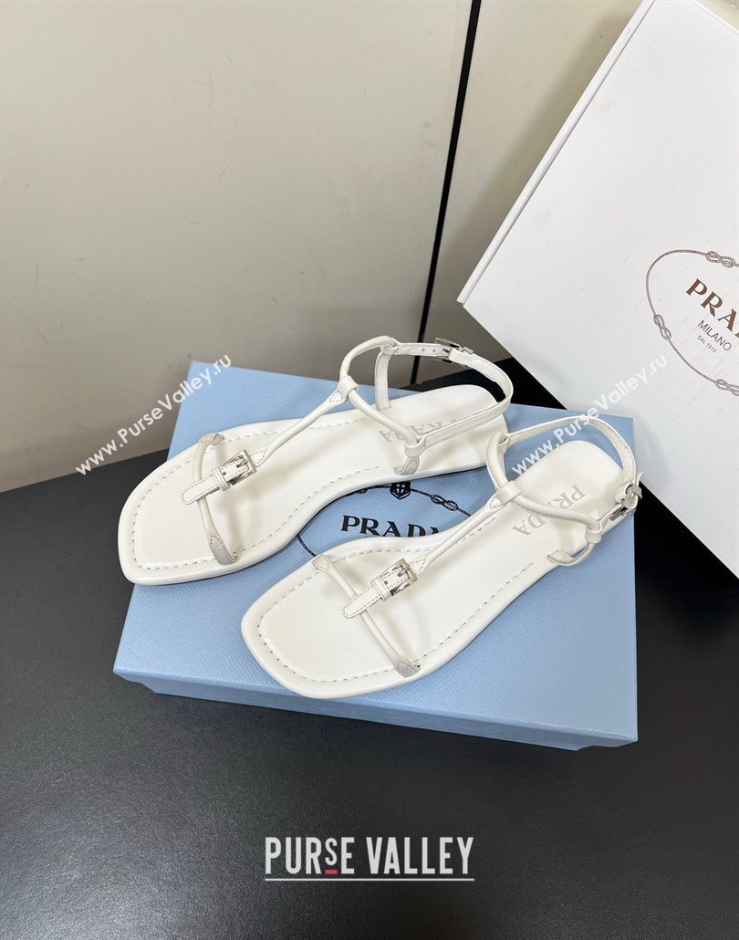 Prada Leather flat sandals with buckle White 2025 1Y503N (HQG-250603044)