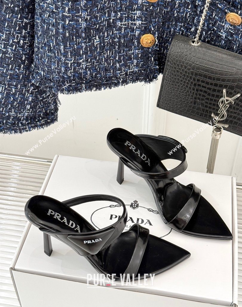 Prada Brushed Leather Pointed Slides Sandal 9.5cm Black 2025 PR053002 (MD-250530023)