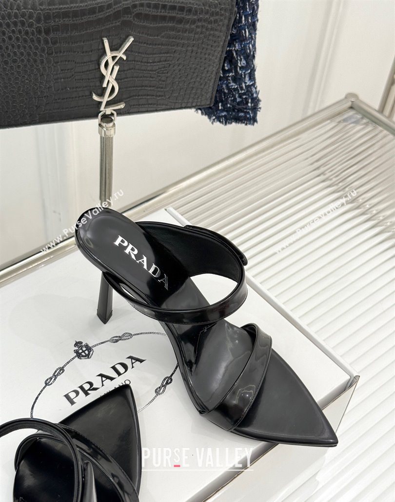 Prada Brushed Leather Pointed Slides Sandal 9.5cm Black 2025 PR053002 (MD-250530023)