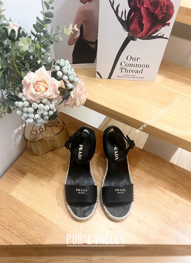 Prada Leather Wedge Espadrille Sandals 8cm Black 2025 PR060306 (MD-250603051)