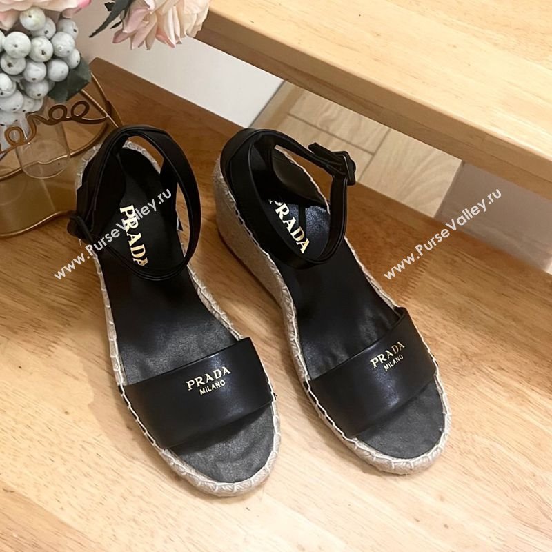 Prada Leather Wedge Espadrille Sandals 8cm Black 2025 PR060306 (MD-250603051)
