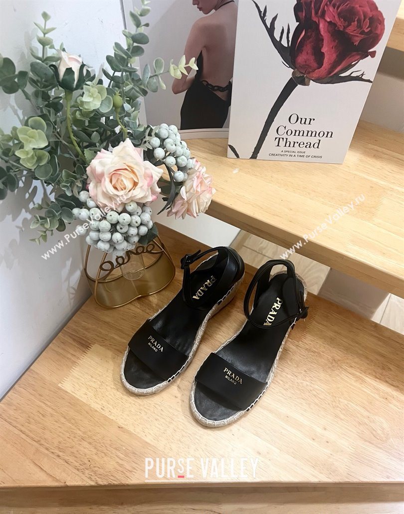 Prada Leather Wedge Espadrille Sandals 8cm Black 2025 PR060306 (MD-250603051)