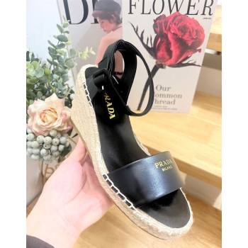 Prada Leather Wedge Espadrille Sandals 8cm Black 2025 PR060306 (MD-250603051)