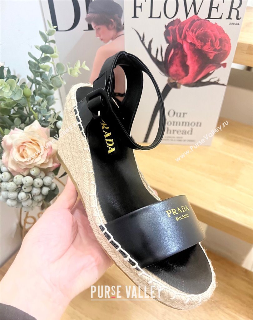 Prada Leather Wedge Espadrille Sandals 8cm Black 2025 PR060306 (MD-250603051)