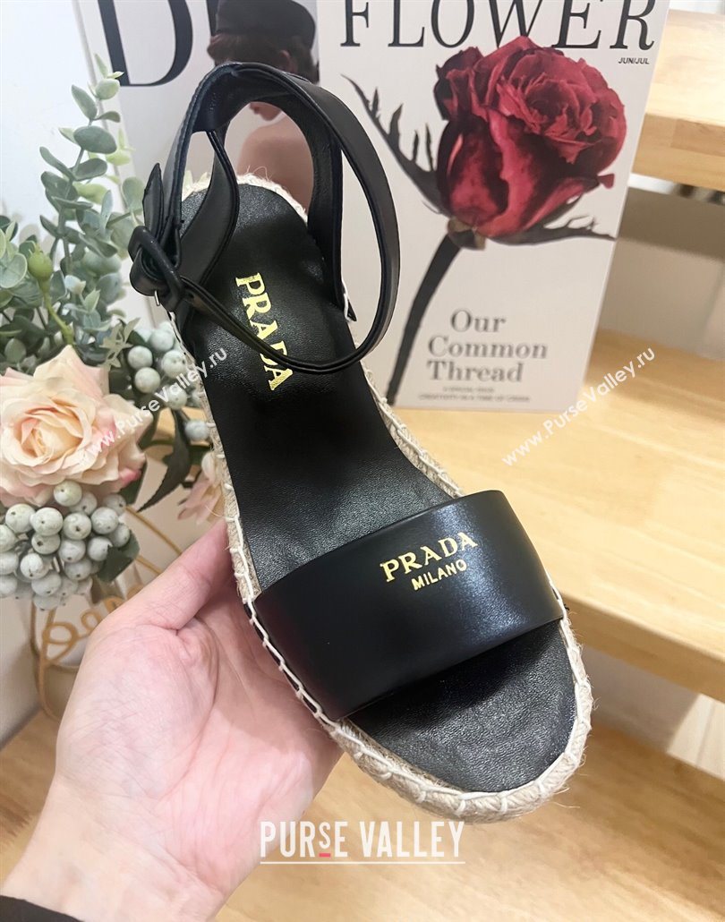 Prada Leather Wedge Espadrille Sandals 8cm Black 2025 PR060306 (MD-250603051)