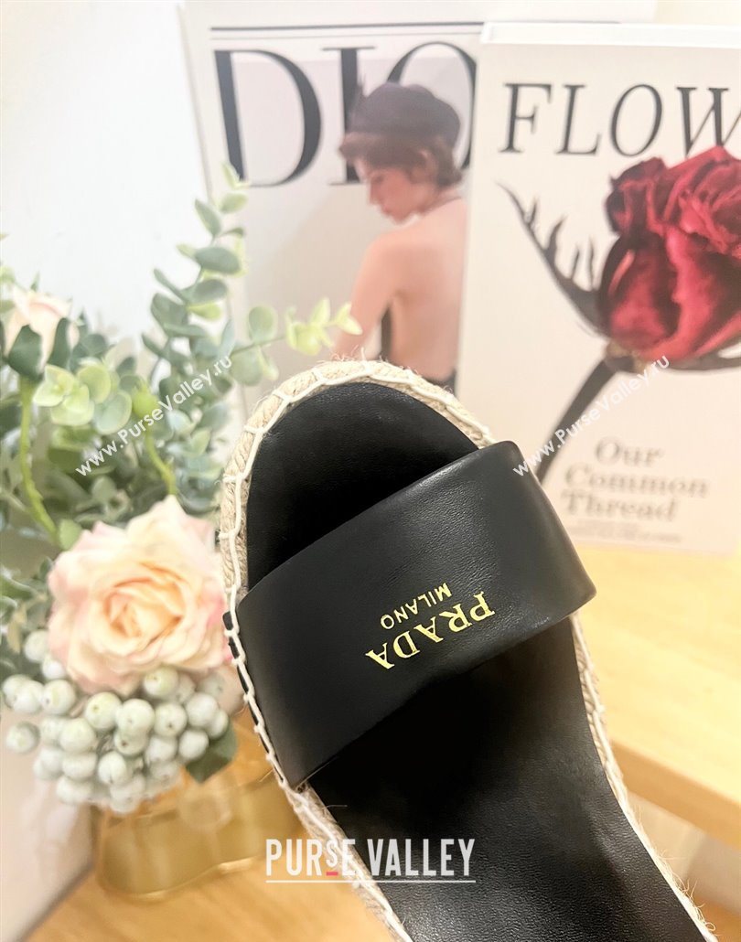 Prada Leather Wedge Espadrille Sandals 8cm Black 2025 PR060306 (MD-250603051)