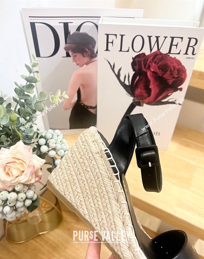 Prada Leather Wedge Espadrille Sandals 8cm Black 2025 PR060306 (MD-250603051)