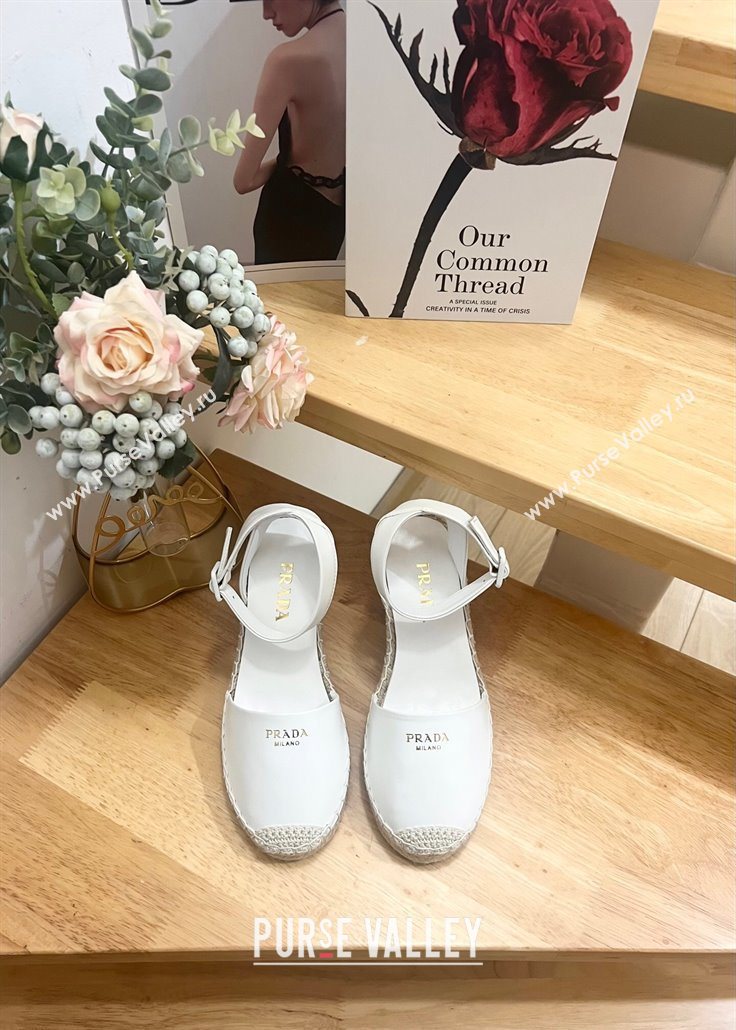 Prada Leather Wedge Espadrille Pumps 8cm White 2025 PR060306 (MD-250603052)