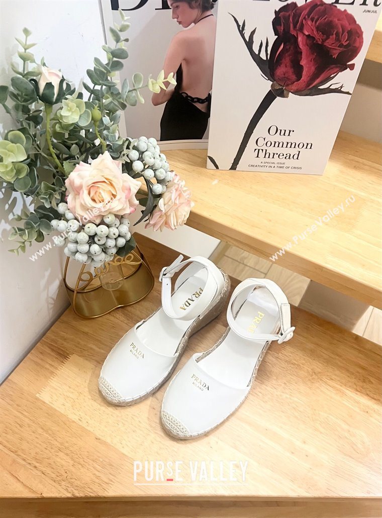Prada Leather Wedge Espadrille Pumps 8cm White 2025 PR060306 (MD-250603052)