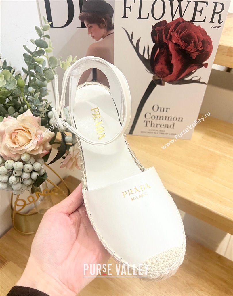 Prada Leather Wedge Espadrille Pumps 8cm White 2025 PR060306 (MD-250603052)