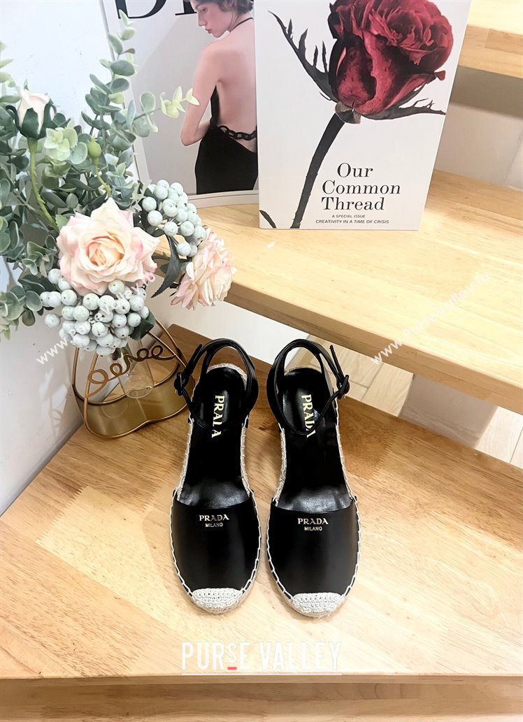 Prada Leather Wedge Espadrille Pumps 8cm Black 2025 PR060306 (MD-250603053)