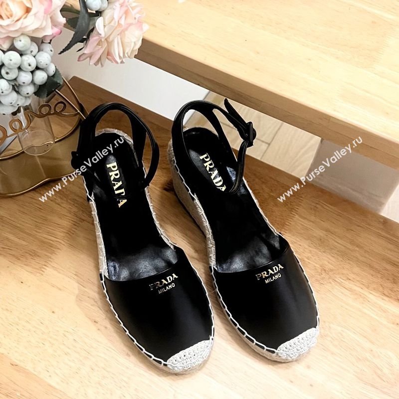 Prada Leather Wedge Espadrille Pumps 8cm Black 2025 PR060306 (MD-250603053)