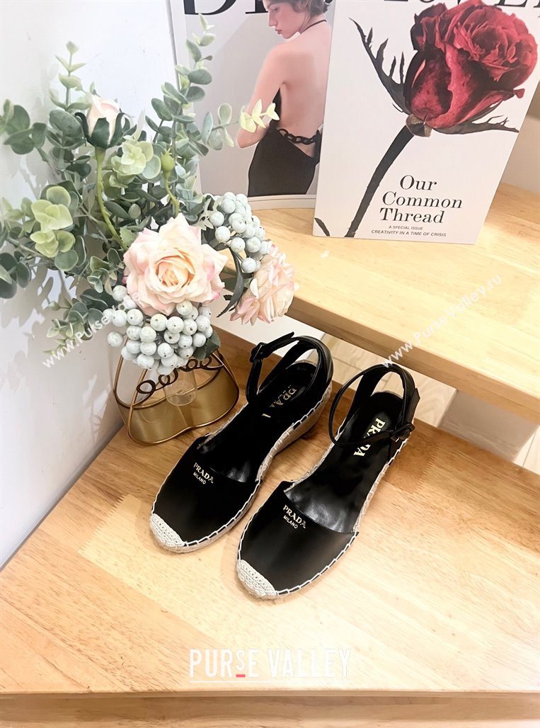 Prada Leather Wedge Espadrille Pumps 8cm Black 2025 PR060306 (MD-250603053)