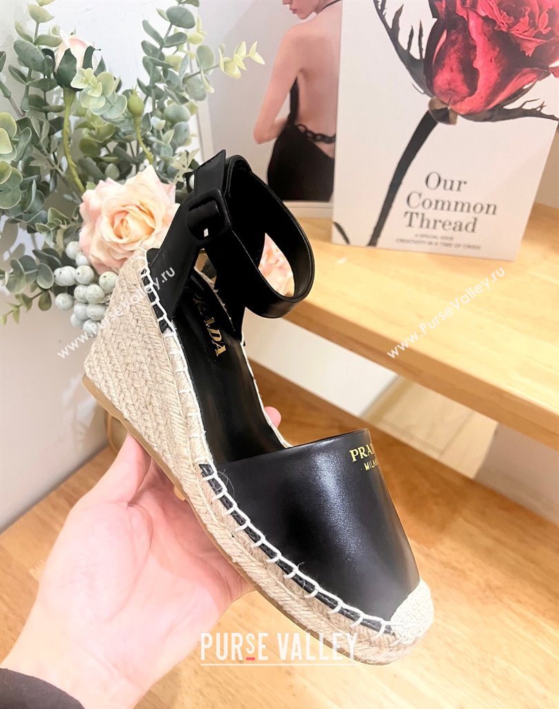 Prada Leather Wedge Espadrille Pumps 8cm Black 2025 PR060306 (MD-250603053)