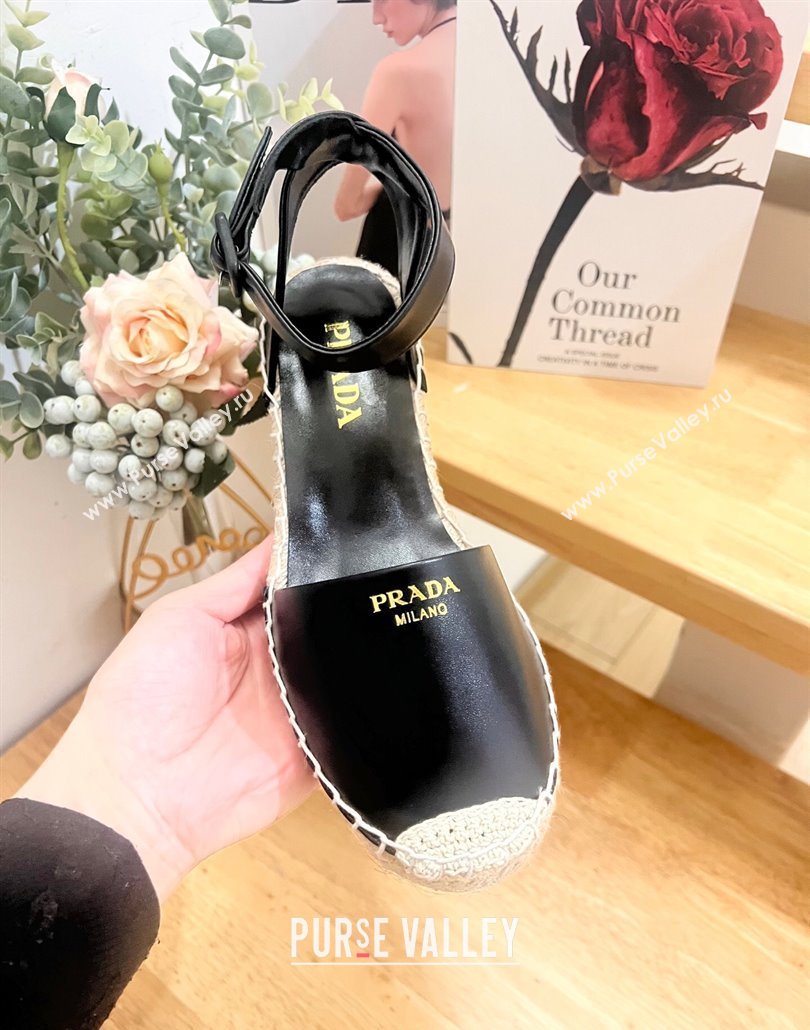 Prada Leather Wedge Espadrille Pumps 8cm Black 2025 PR060306 (MD-250603053)