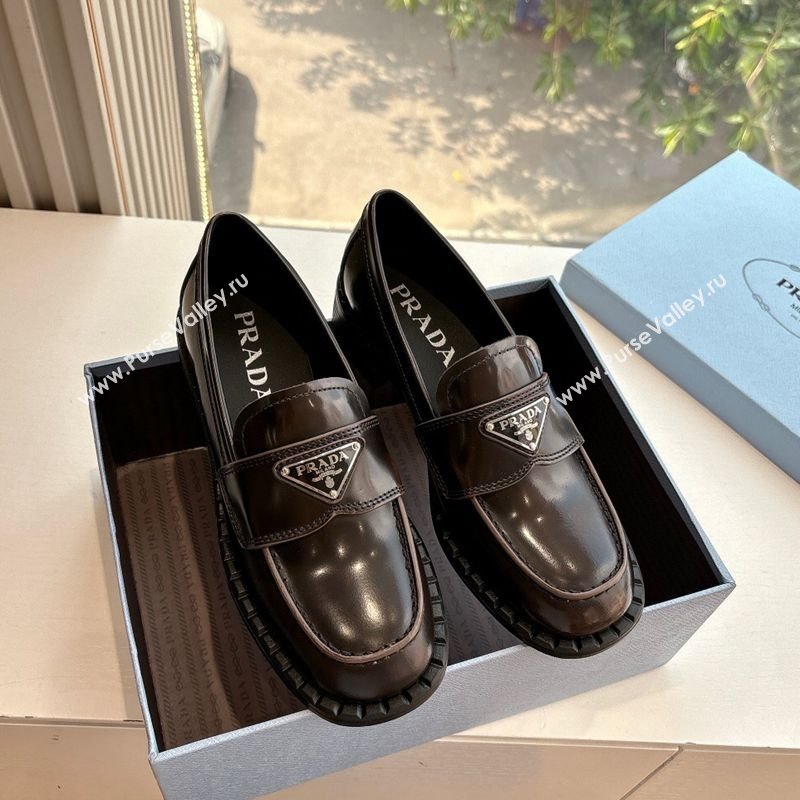 Prada Brushed leather loafers with logo Dark Brown 2025 PR060304 (MD-250603030)