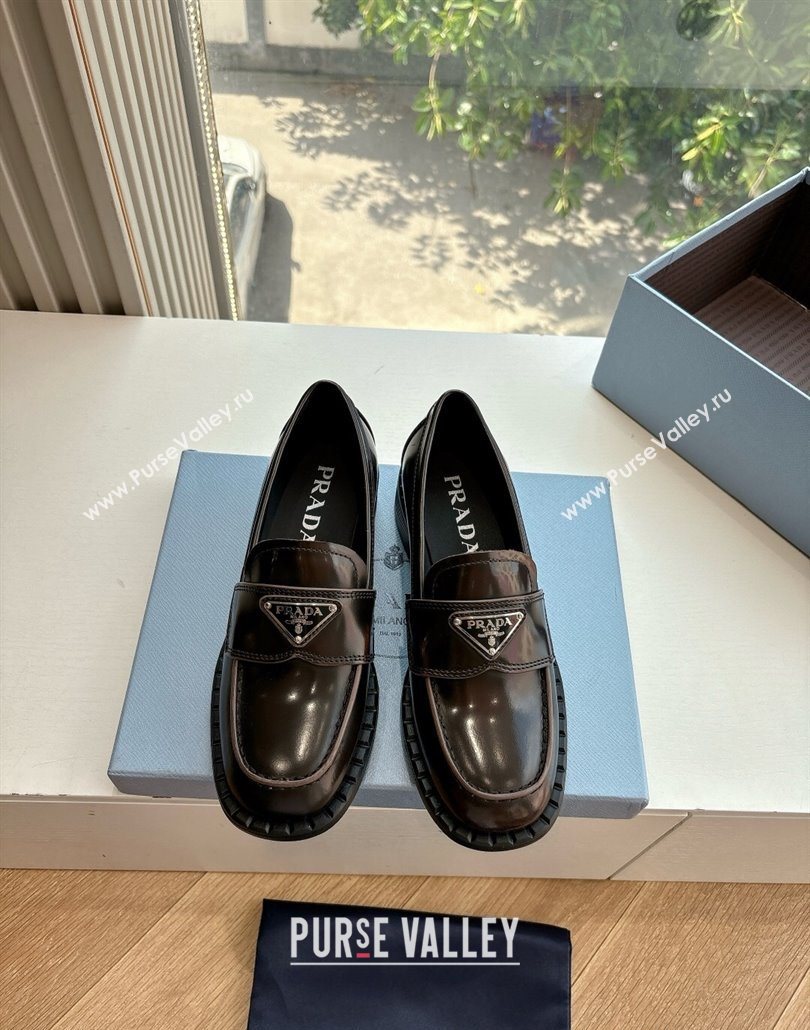 Prada Brushed leather loafers with logo Dark Brown 2025 PR060304 (MD-250603030)