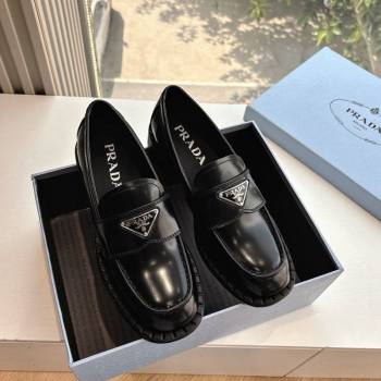 Prada Brushed leather loafers with logo Black 2025 PR060304 (MD-250603031)