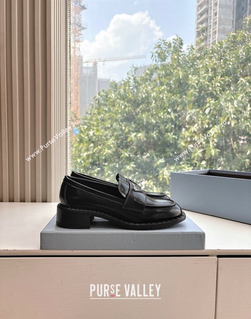 Prada Brushed leather loafers with logo Black 2025 PR060304 (MD-250603031)