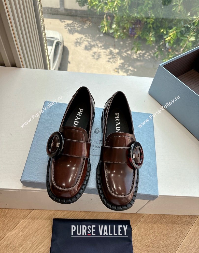 Prada Brushed leather loafers with Round Buckle Brown 2 2025 1D979N (MD-250603020)