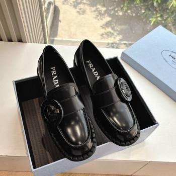 Prada Brushed leather loafers with Round Buckle Black 2025 1D979N (MD-250603021)