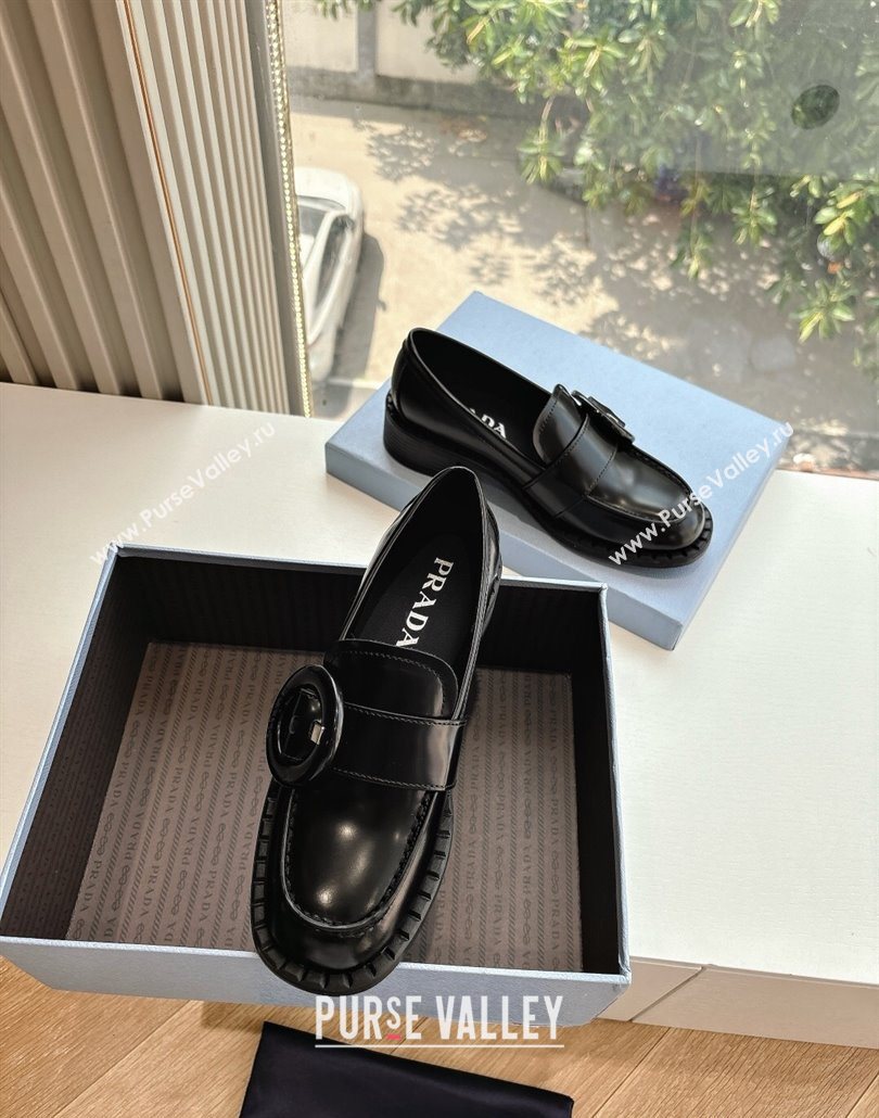 Prada Brushed leather loafers with Round Buckle Black 2025 1D979N (MD-250603021)
