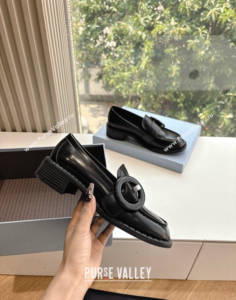 Prada Brushed leather loafers with Round Buckle Black 2025 1D979N (MD-250603021)