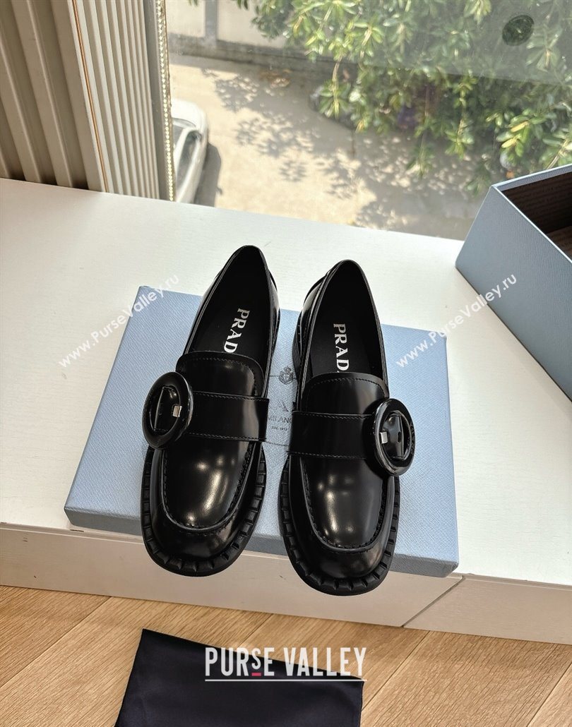 Prada Brushed leather loafers with Round Buckle Black 2025 1D979N (MD-250603021)