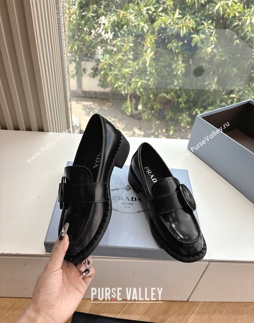 Prada Brushed leather loafers with Round Buckle Black 2025 1D979N (MD-250603021)