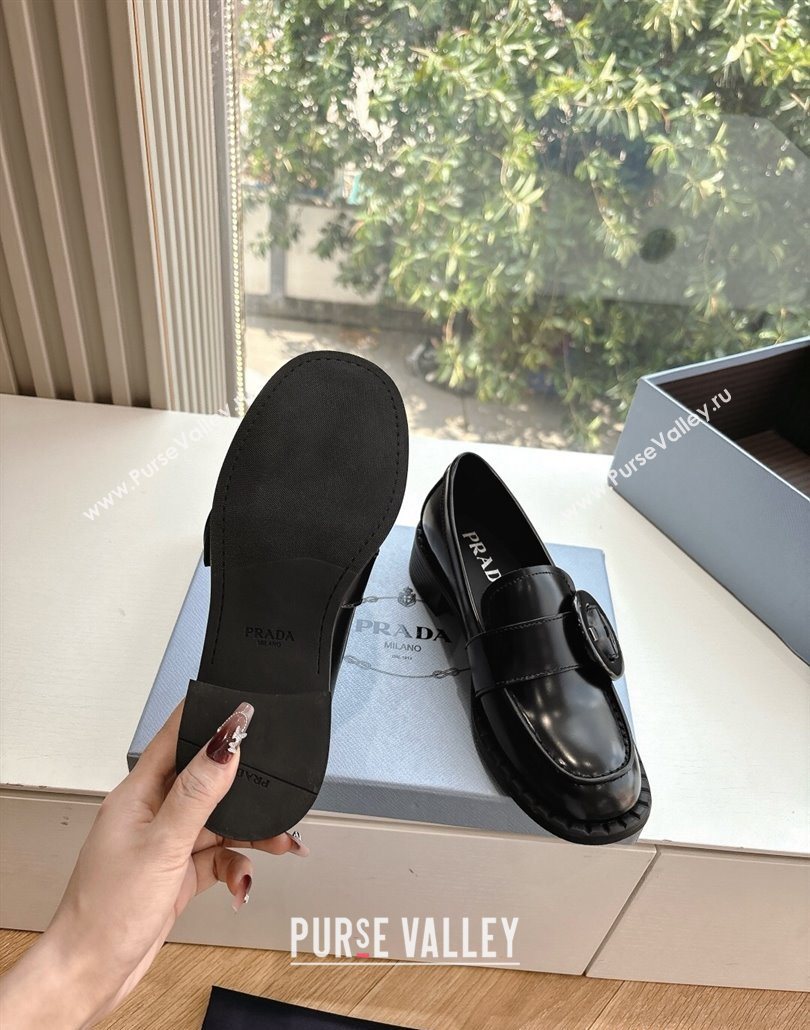 Prada Brushed leather loafers with Round Buckle Black 2025 1D979N (MD-250603021)