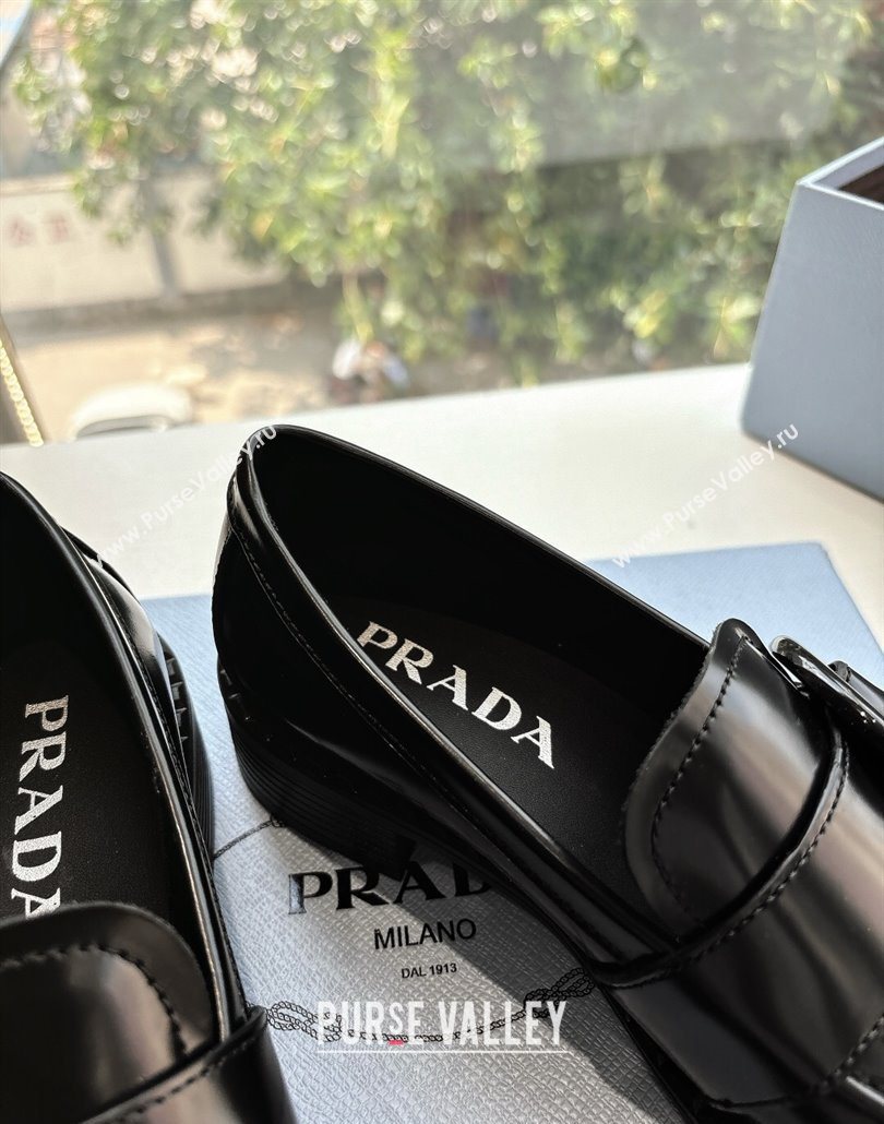 Prada Brushed leather loafers with Round Buckle Black 2025 1D979N (MD-250603021)