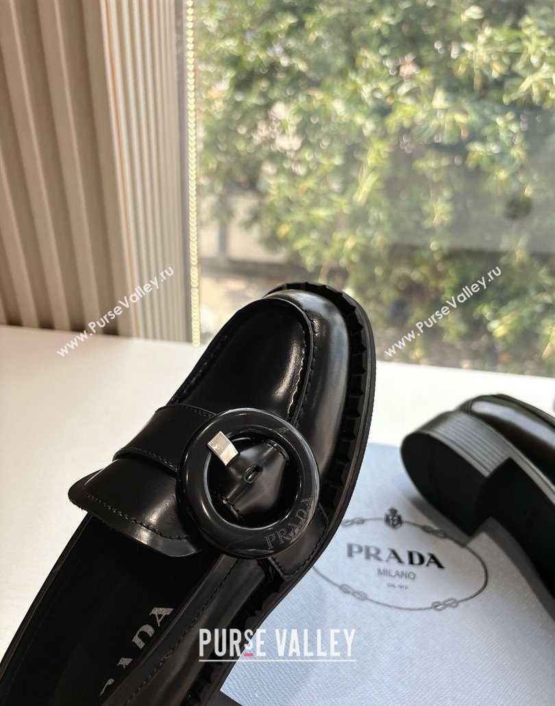 Prada Brushed leather loafers with Round Buckle Black 2025 1D979N (MD-250603021)