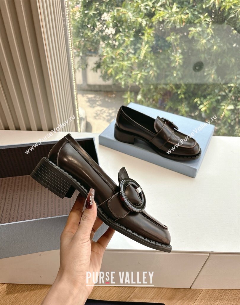 Prada Brushed leather loafers with Round Buckle Dark Brown 2025 1D979N (MD-250603023)