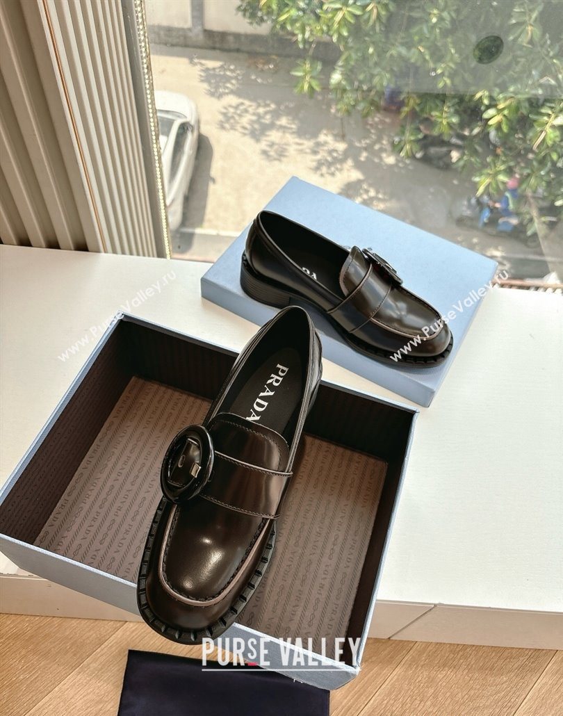 Prada Brushed leather loafers with Round Buckle Dark Brown 2025 1D979N (MD-250603023)
