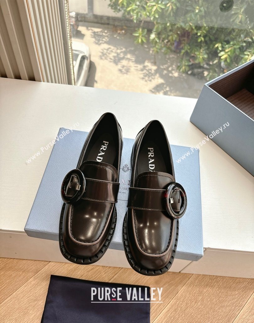Prada Brushed leather loafers with Round Buckle Dark Brown 2025 1D979N (MD-250603023)