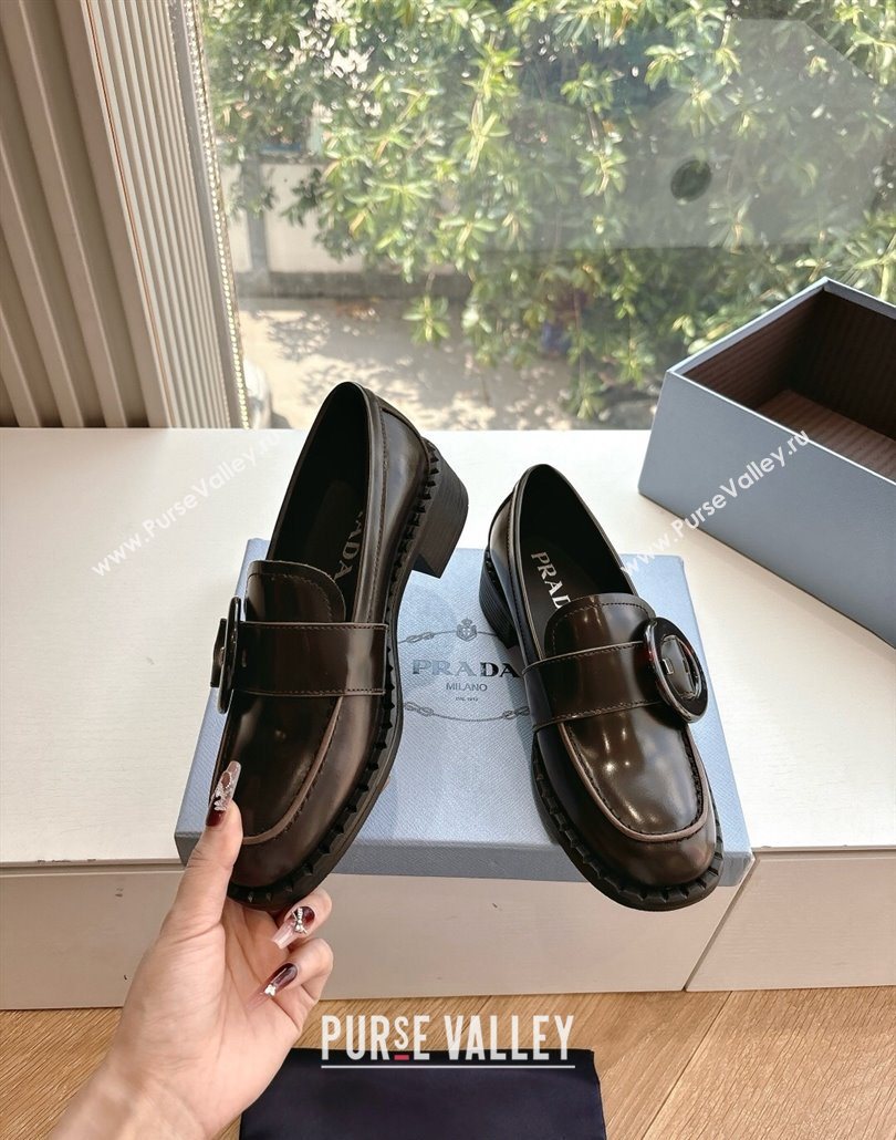 Prada Brushed leather loafers with Round Buckle Dark Brown 2025 1D979N (MD-250603023)