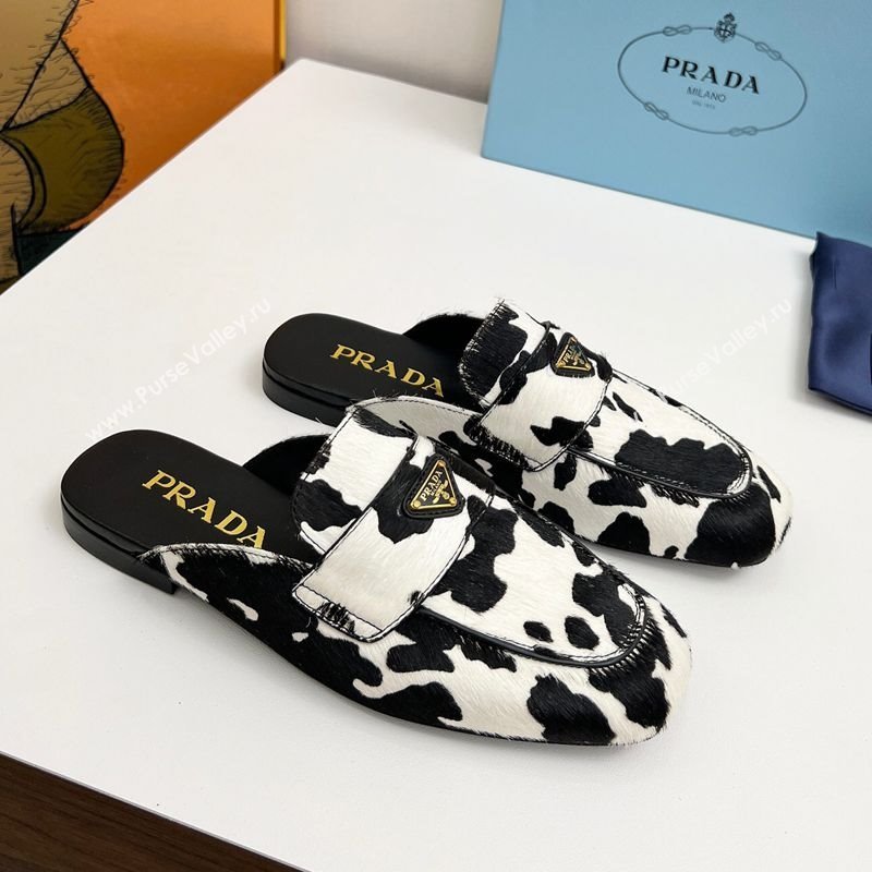 Prada Printed mohair flat mules White/Black 2025 PR060307 (MD-250603056)