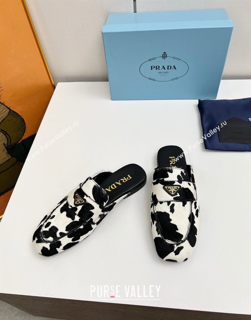 Prada Printed mohair flat mules White/Black 2025 PR060307 (MD-250603056)