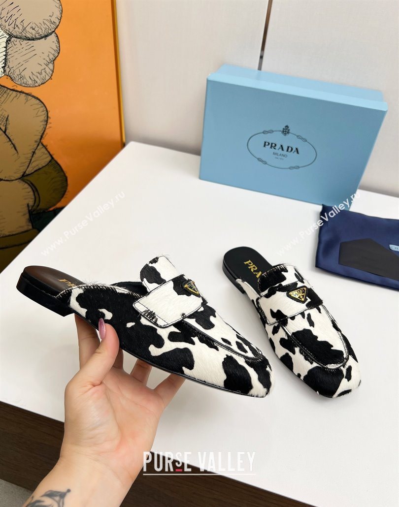 Prada Printed mohair flat mules White/Black 2025 PR060307 (MD-250603056)