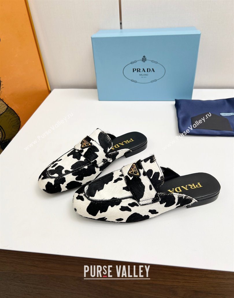 Prada Printed mohair flat mules White/Black 2025 PR060307 (MD-250603056)
