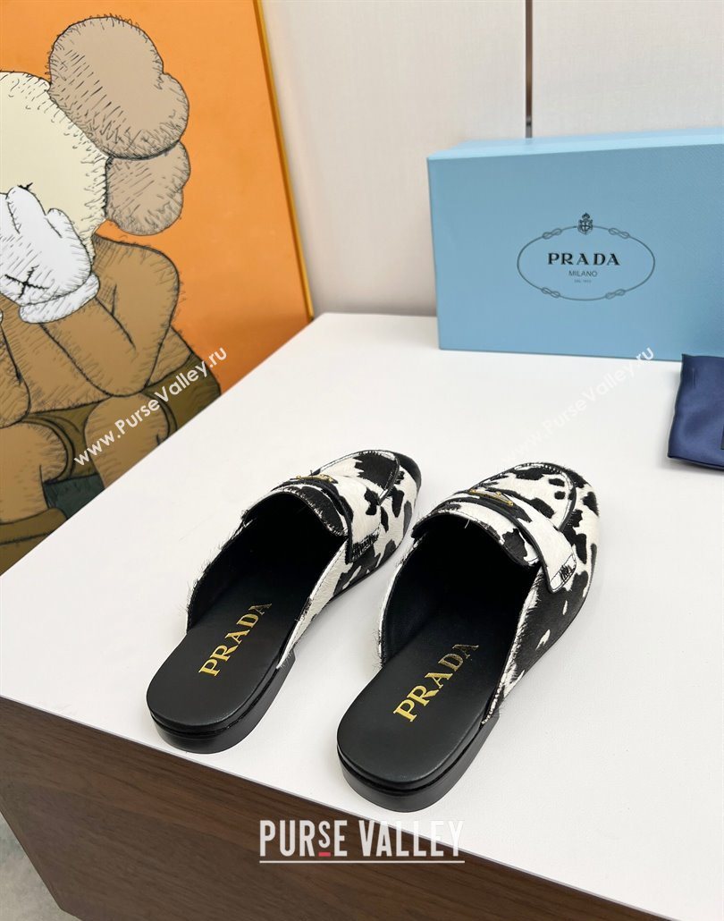 Prada Printed mohair flat mules White/Black 2025 PR060307 (MD-250603056)