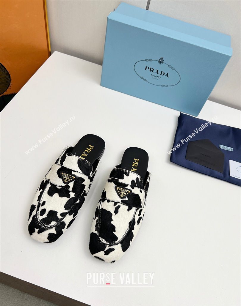 Prada Printed mohair flat mules White/Black 2025 PR060307 (MD-250603056)