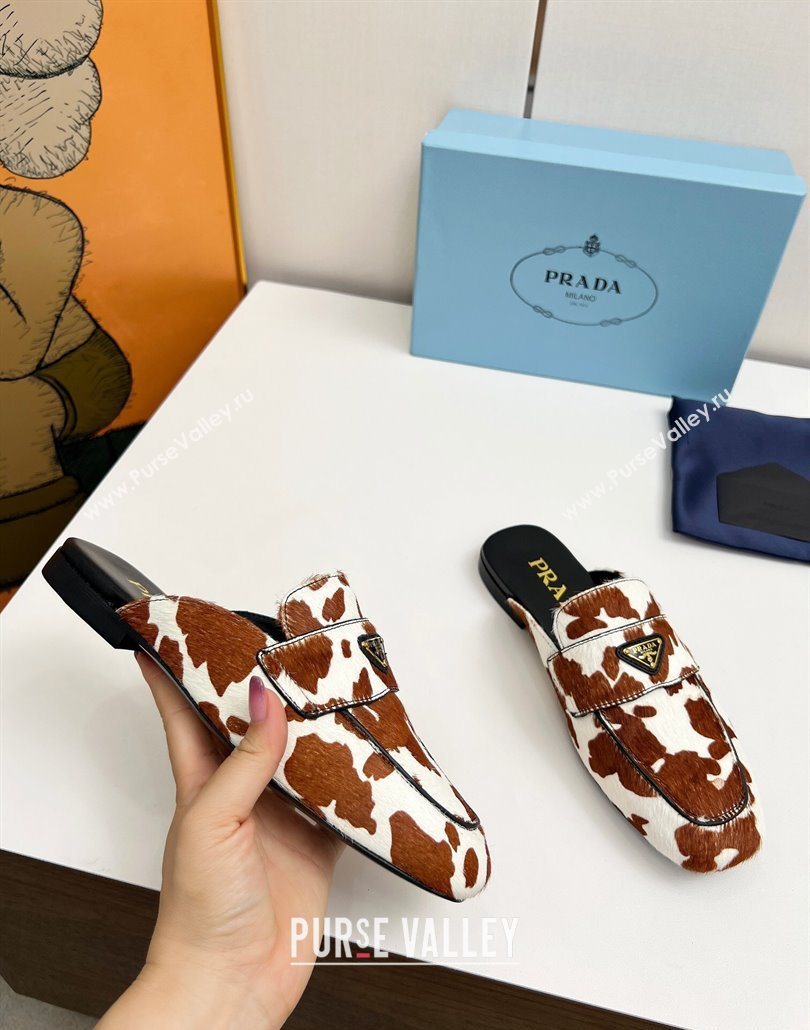 Prada Printed mohair flat mules White/Brown 2025 PR060307 (MD-250603057)