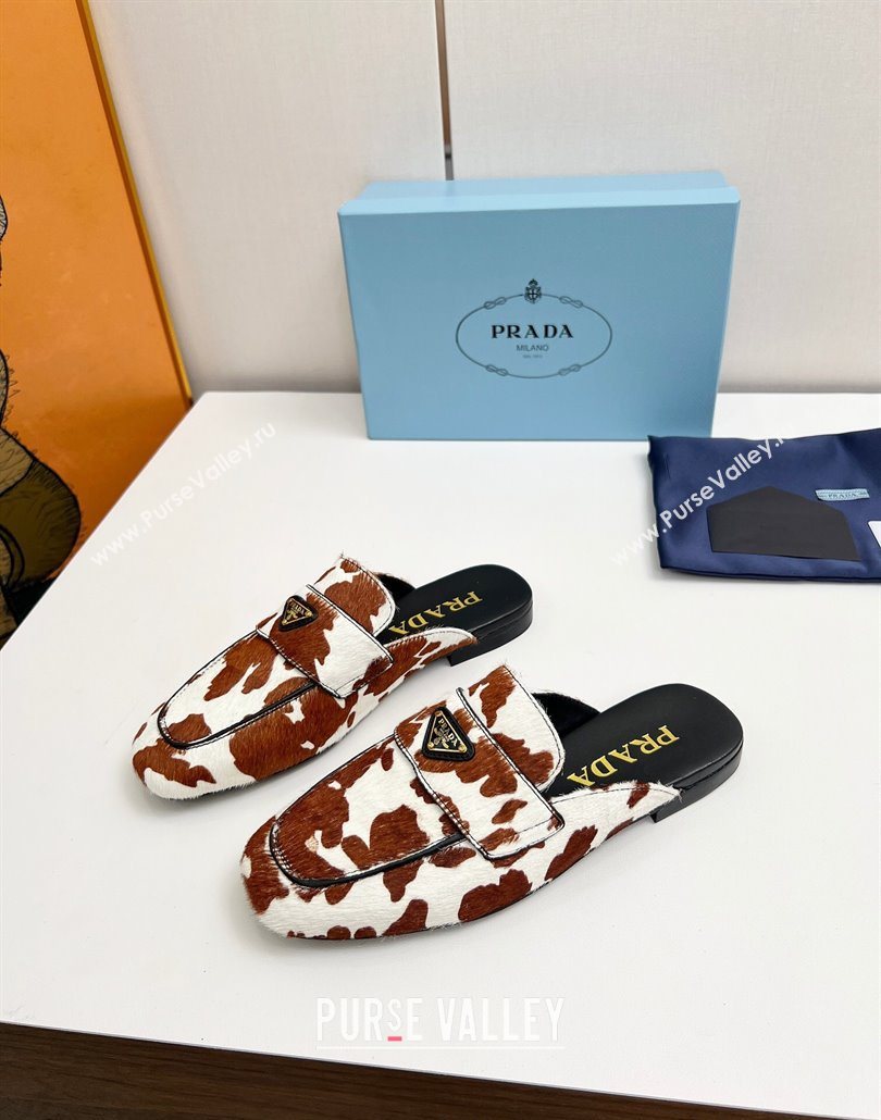 Prada Printed mohair flat mules White/Brown 2025 PR060307 (MD-250603057)