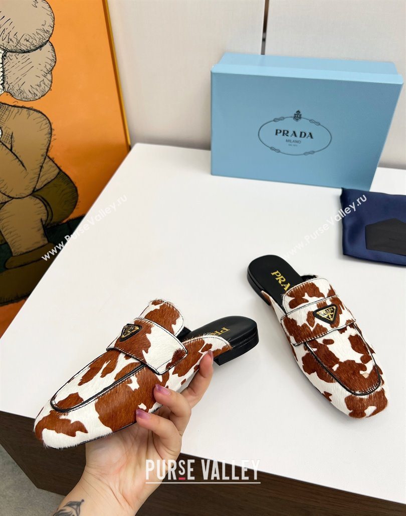 Prada Printed mohair flat mules White/Brown 2025 PR060307 (MD-250603057)