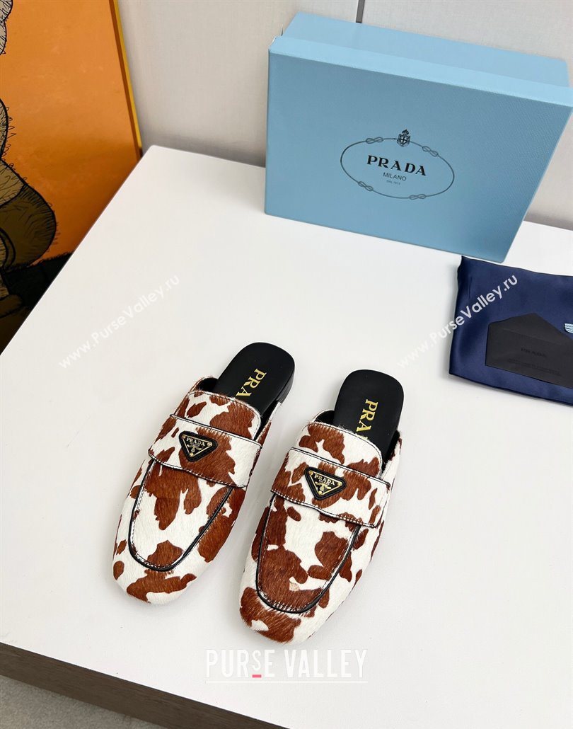 Prada Printed mohair flat mules White/Brown 2025 PR060307 (MD-250603057)