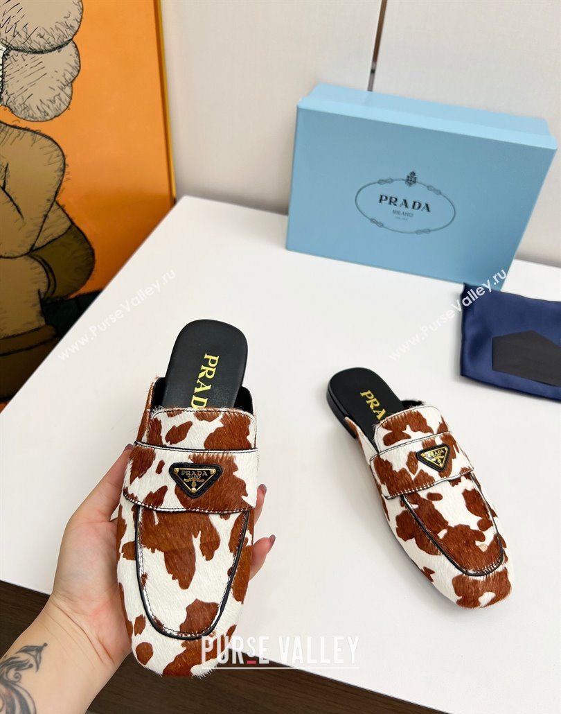 Prada Printed mohair flat mules White/Brown 2025 PR060307 (MD-250603057)