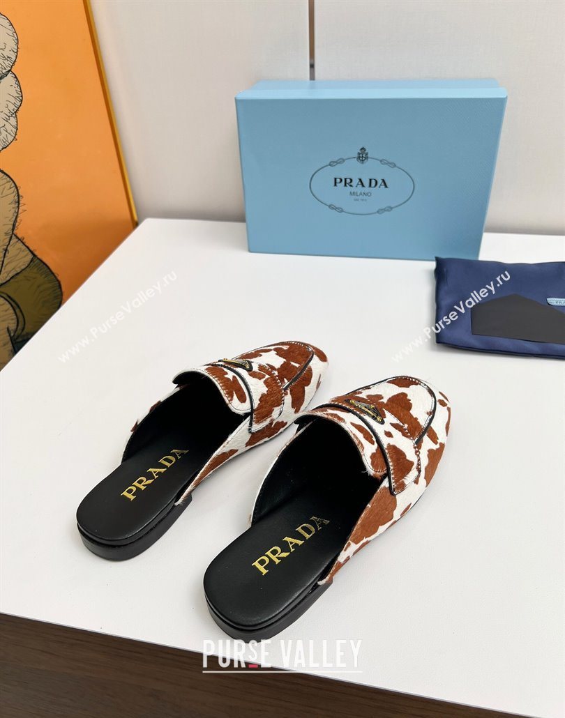 Prada Printed mohair flat mules White/Brown 2025 PR060307 (MD-250603057)