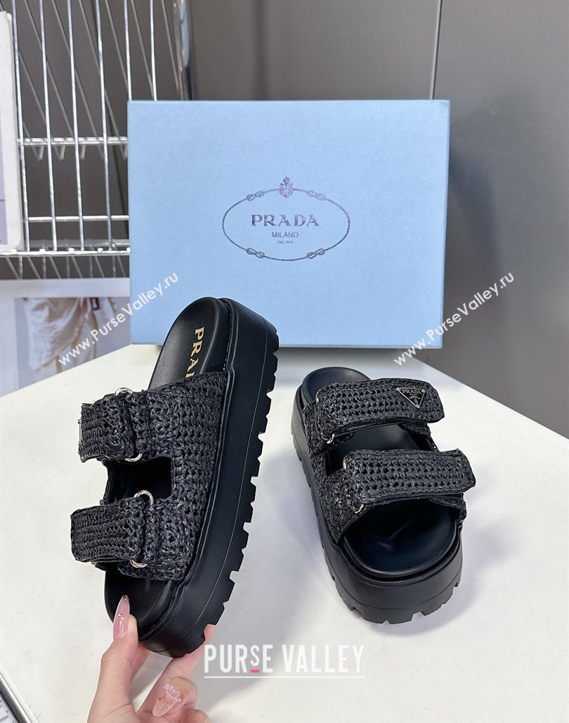 Prada Crochet platform slides sandal 4.5cm Black 2025 PR053001 (MD-250530004)