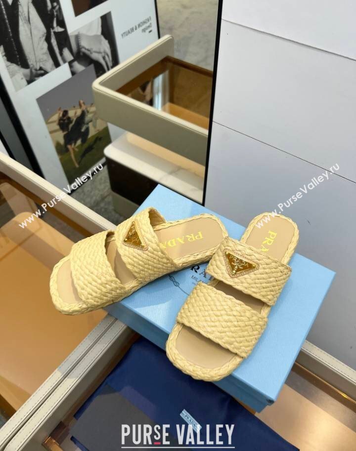 Prada Raffia straw flat slides sandal Beige Yellow 2025 1XX749 (MD-250603061)